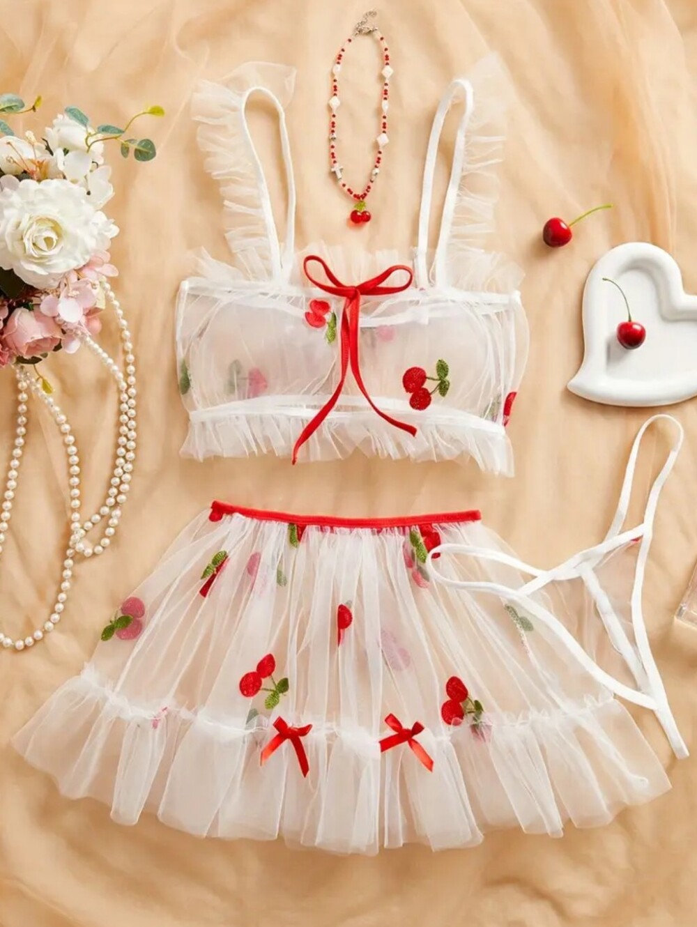 🍒3pc Sheer White Cherry Embroidered Bra Top, Skirt & G-string Lingerie Set (L)